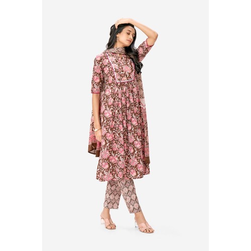 Maroon Floral Print Pure Cotton A-line Kurta Set With Dupatta | Elegant | Classy | Floral printed Maroon Floral Print Pure Cotton A-line Kurta Set With Dupatta | Elegant | Classy | Floral printed
