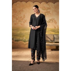 Black Straight-cut Muslin Elegant Ensemble Kurta Set With Dupatta | Stylish | Classy | Festive wear 