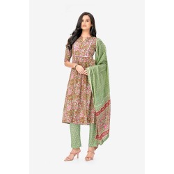 Green Floral Print Pure Cotton A-line Kurta Set With Dupatta | Elegant | Classy | Floral printed 