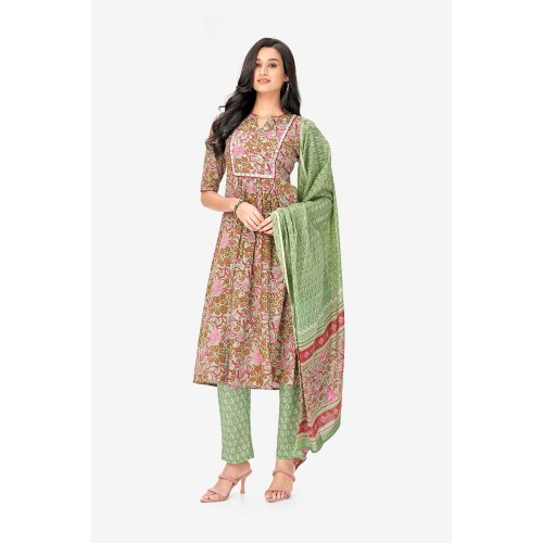 Green Floral Print Pure Cotton A-line Kurta Set With Dupatta | Elegant | Classy | Floral printed Green Floral Print Pure Cotton A-line Kurta Set With Dupatta | Elegant | Classy | Floral printed