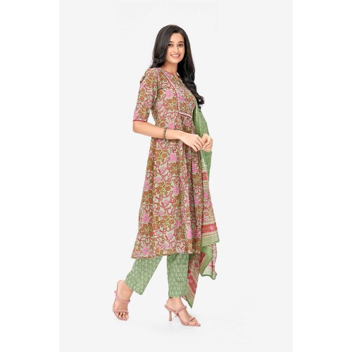 Green Floral Print Pure Cotton A-line Kurta Set With Dupatta | Elegant | Classy | Floral printed Green Floral Print Pure Cotton A-line Kurta Set With Dupatta | Elegant | Classy | Floral printed