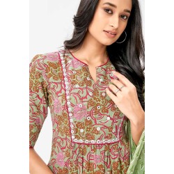 Green Floral Print Pure Cotton A-line Kurta Set With Dupatta | Elegant | Classy | Floral printed 