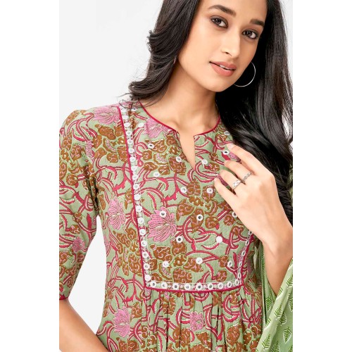 Green Floral Print Pure Cotton A-line Kurta Set With Dupatta | Elegant | Classy | Floral printed Green Floral Print Pure Cotton A-line Kurta Set With Dupatta | Elegant | Classy | Floral printed
