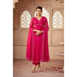 Bright Pink Organza Flared Embroidered Kurta Set with Dupatta | Stylish | Ethnic | Festive wear