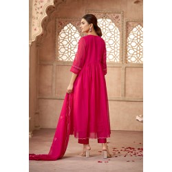 Bright Pink Organza Flared Embroidered Kurta Set with Dupatta | Stylish | Ethnic | Festive wear