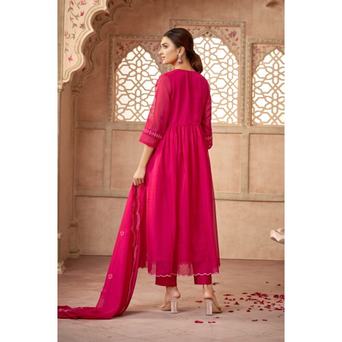 Bright Pink Organza Flared Embroidered Kurta Set with Dupatta | Stylish | Ethnic | Festive wear
