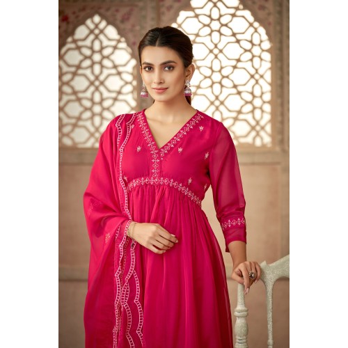 Bright Pink Organza Flared Embroidered Kurta Set with Dupatta | Stylish | Ethnic | Festive wear