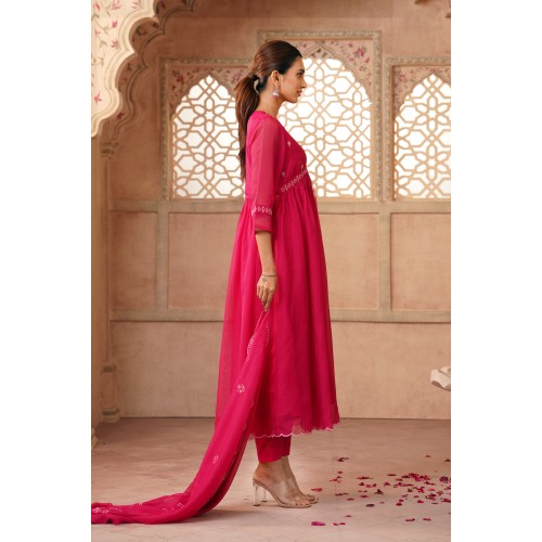 Bright Pink Organza Flared Embroidered Kurta Set with Dupatta | Stylish | Ethnic | Festive wear