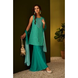 Rama Green Straight-cut Silk blend fabric ,Shell Work Kurta sharara and Dupatta Set | Traditional Collection |Elegant and Stylish | Festive wear