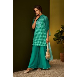 Rama Green Straight-cut Silk blend fabric ,Shell Work Kurta sharara and Dupatta Set | Traditional Collection |Elegant and Stylish | Festive wear