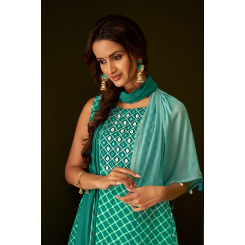 Rama Green Straight-cut Silk blend fabric ,Shell Work Kurta sharara and Dupatta Set | Traditional Collection |Elegant and Stylish | Festive wear