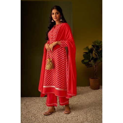 Crimson Red Silk Blend A-line Checkered Gotta Patti Kurta Set with dupatta | Stylish | Elegant and Classy | Festive wear 