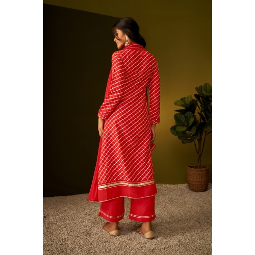 Crimson Red Silk Blend A-line Checkered Gotta Patti Kurta Set with dupatta | Stylish | Elegant and Classy | Festive wear 