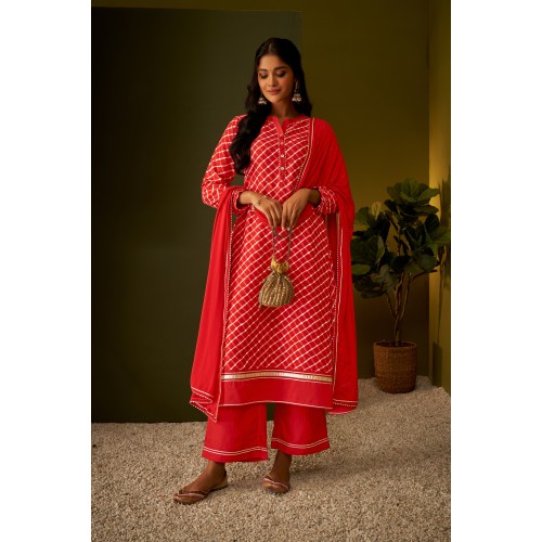 Crimson Red Silk Blend A-line Checkered Gotta Patti Kurta Set with dupatta | Stylish | Elegant and Classy | Festive wear 