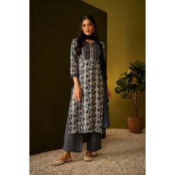 Elegant Black ethnic print straight Kurta pant set with dupatta | Stylish | Ethnic | Festive wear