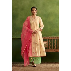 Elegant Cream Embroidered Kurta Set with Pink Dupatta and Green palazzos | Traditional collection| Ethnic | Festive wear 