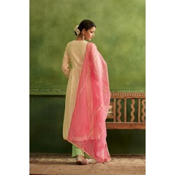 Elegant Cream Embroidered Kurta Set with Pink Dupatta and Green palazzos | Traditional collection| Ethnic | Festive wear 