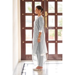 Graceful Grey Pollycotton Kurta Set with Floral Embroidery and Matching Dupatta | Stylish | Classy | Festive wear