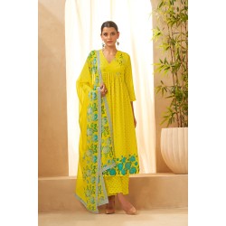 Lemon Yellow Silk Blend Floral Printed Flared Kurta Palazzo and Dupatta | Traditional Collection | Floral printed |Stylish and Elegant 