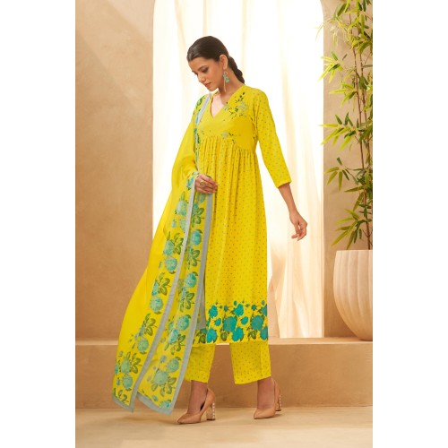 Lemon Yellow Silk Blend Floral Printed Flared Kurta Palazzo and Dupatta | Traditional Collection | Floral printed |Stylish and Elegant 