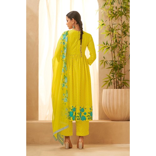 Lemon Yellow Silk Blend Floral Printed Flared Kurta Palazzo and Dupatta | Traditional Collection | Floral printed |Stylish and Elegant 