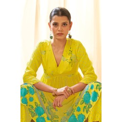 Lemon Yellow Silk Blend Floral Printed Flared Kurta Palazzo and Dupatta | Traditional Collection | Floral printed |Stylish and Elegant 