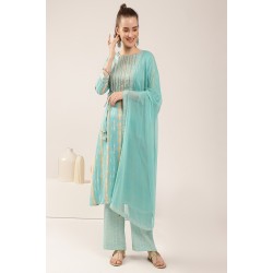 Aqua Blue Rayon Slub Straight-cut Floral Print Kurta Set with Dupatta | Traditional Collection | Floral printed | Elegant and Classy 
