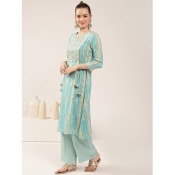 Aqua Blue Rayon Slub Straight-cut Floral Print Kurta Set with Dupatta | Traditional Collection | Floral printed | Elegant and Classy 