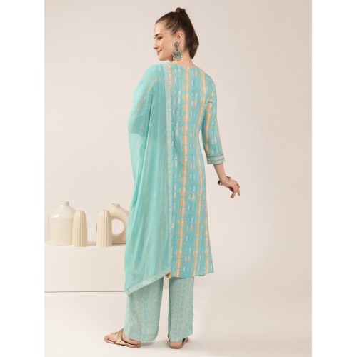 Aqua Blue Rayon Slub Straight-cut Floral Print Kurta Set with Dupatta | Traditional Collection | Floral printed | Elegant and Classy 
