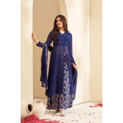 Navy Blue Floral Embroidered V-Neck A-Line Kurta with Palazzos & Dupatta | Traditional Collection | Ethnic | Festive wear 