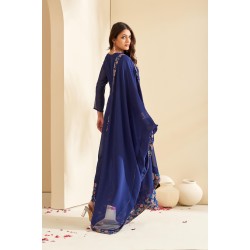 Navy Blue Floral Embroidered V-Neck A-Line Kurta with Palazzos & Dupatta | Traditional Collection | Ethnic | Festive wear 
