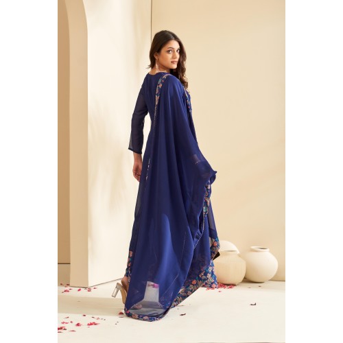Navy Blue Floral Embroidered V-Neck A-Line Kurta with Palazzos & Dupatta | Traditional Collection | Ethnic | Festive wear 