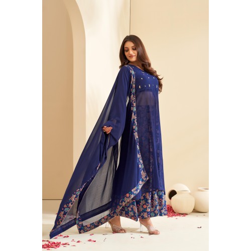 Navy Blue Floral Embroidered V-Neck A-Line Kurta with Palazzos & Dupatta | Traditional Collection | Ethnic | Festive wear 
