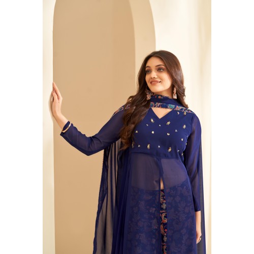 Navy Blue Floral Embroidered V-Neck A-Line Kurta with Palazzos & Dupatta | Traditional Collection | Ethnic | Festive wear 