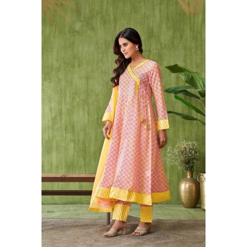  Yellow Floral Printed Cotton Angrakha Kurta with Gotapati Work pants and Dupatta | Traditional Collection | Stylish and Elegant | Festive wear 