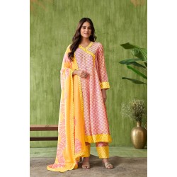  Yellow Floral Printed Cotton Angrakha Kurta with Gotapati Work pants and Dupatta | Traditional Collection | Stylish and Elegant | Festive wear 