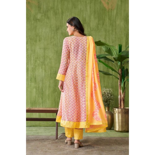  Yellow Floral Printed Cotton Angrakha Kurta with Gotapati Work pants and Dupatta | Traditional Collection | Stylish and Elegant | Festive wear 