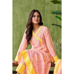  Yellow Floral Printed Cotton Angrakha Kurta with Gotapati Work pants and Dupatta | Traditional Collection | Stylish and Elegant | Festive wear 
