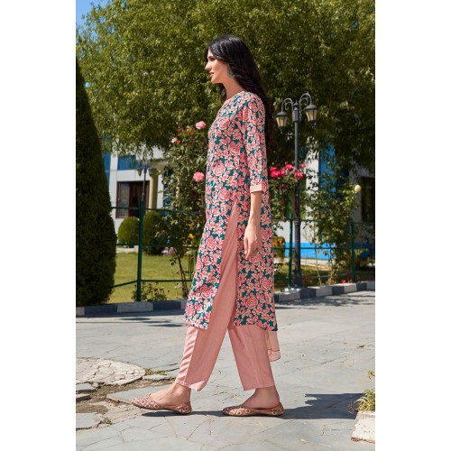 Pink Cotton Blend Straight Floral Printed Kurta Set with Dupatta | Elegant and Classy | Festive wear 
