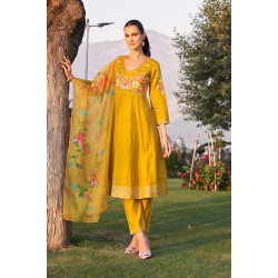 Mustard yellow Roman Silk Embroidered anarkali Kurta Set with Dupatta | Traditional Collection | Ethnic | Classy and Festive wear 