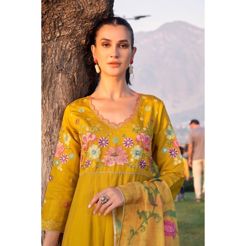 Mustard yellow Roman Silk Embroidered anarkali Kurta Set with Dupatta | Traditional Collection | Ethnic | Classy and Festive wear 