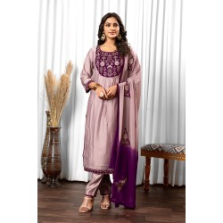 Lilac purple Roman Silk Straight Embroidered Kurta Set with Dupatta |Traditional | Stylish | Elegant | Festive wear