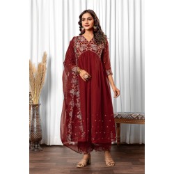 Maroon silk blend Flared Embroidered Anarkali Kurta Set with Dupatta | Traditional Collection | Ethnic | Embroidery work | Festive wear 