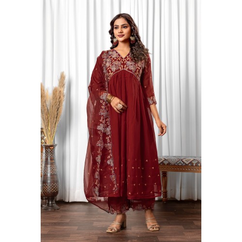 Maroon silk blend Flared Embroidered Anarkali Kurta Set with Dupatta | Traditional Collection | Ethnic | Embroidery work | Festive wear Maroon silk blend Flared Embroidered Anarkali Kurta Set with Dupatta | Traditional Collection | Ethnic | Embroidery work | Festive wear