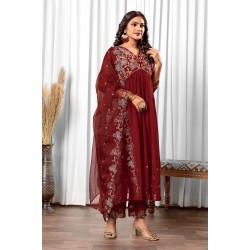 Maroon silk blend Flared Embroidered Anarkali Kurta Set with Dupatta | Traditional Collection | Ethnic | Embroidery work | Festive wear 