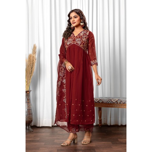 Maroon silk blend Flared Embroidered Anarkali Kurta Set with Dupatta | Traditional Collection | Ethnic | Embroidery work | Festive wear Maroon silk blend Flared Embroidered Anarkali Kurta Set with Dupatta | Traditional Collection | Ethnic | Embroidery work | Festive wear