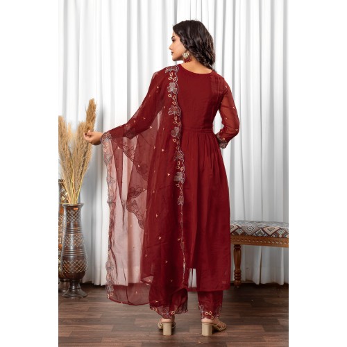 Maroon silk blend Flared Embroidered Anarkali Kurta Set with Dupatta | Traditional Collection | Ethnic | Embroidery work | Festive wear Maroon silk blend Flared Embroidered Anarkali Kurta Set with Dupatta | Traditional Collection | Ethnic | Embroidery work | Festive wear