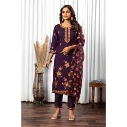  Rich Deep Purple Straight Roman Silk Embroidered With Mirror Work Kurta Set with Dupatta | Traditional collection | Ethnic | Festive wear