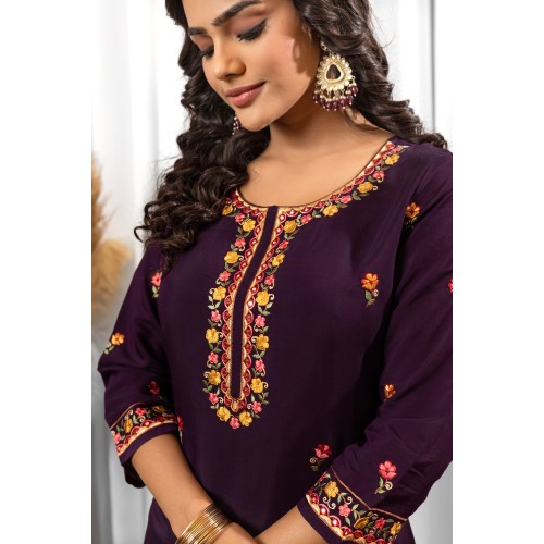 Rich Deep Purple Straight Roman Silk Embroidered With Mirror Work Kurta Set with Dupatta | Traditional collection | Ethnic | Festive wear Rich Deep Purple Straight Roman Silk Embroidered With Mirror Work Kurta Set with Dupatta | Traditional collection | Ethnic | Festive wear
