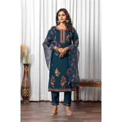 Blue Roman Silk Straight Embroidered With Mirror Work Kurta Set with Dupatta | Traditional Collection | Ethnic | Festive wear 